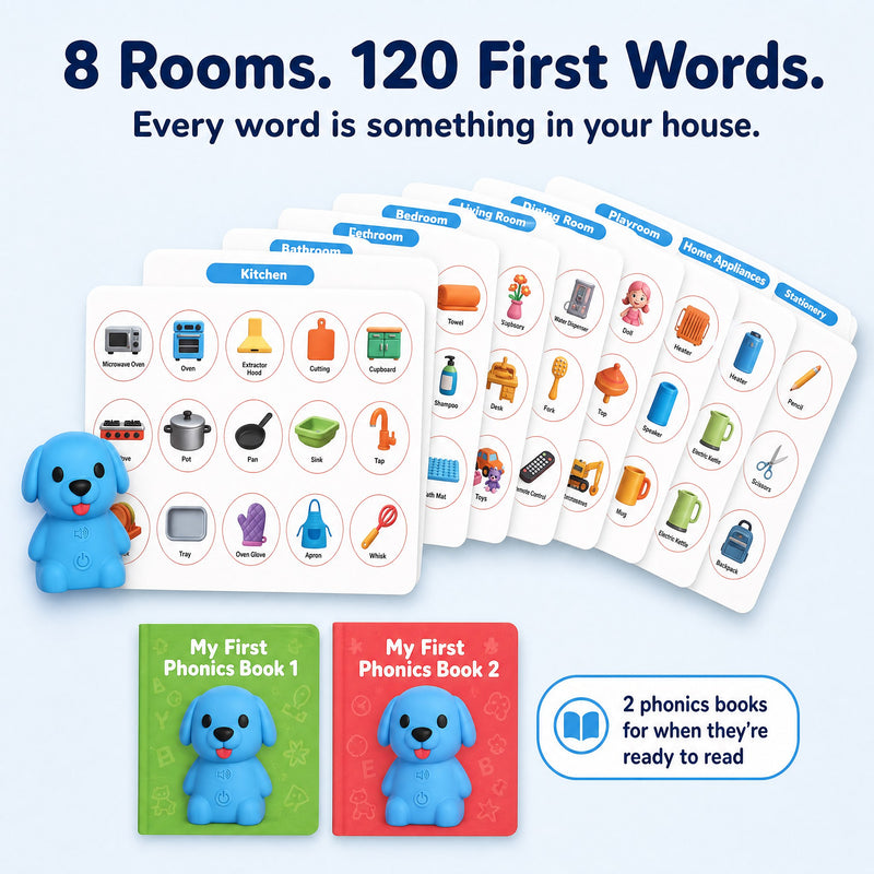 Eight room picture boards with 120 first words and the two My First Phonics books