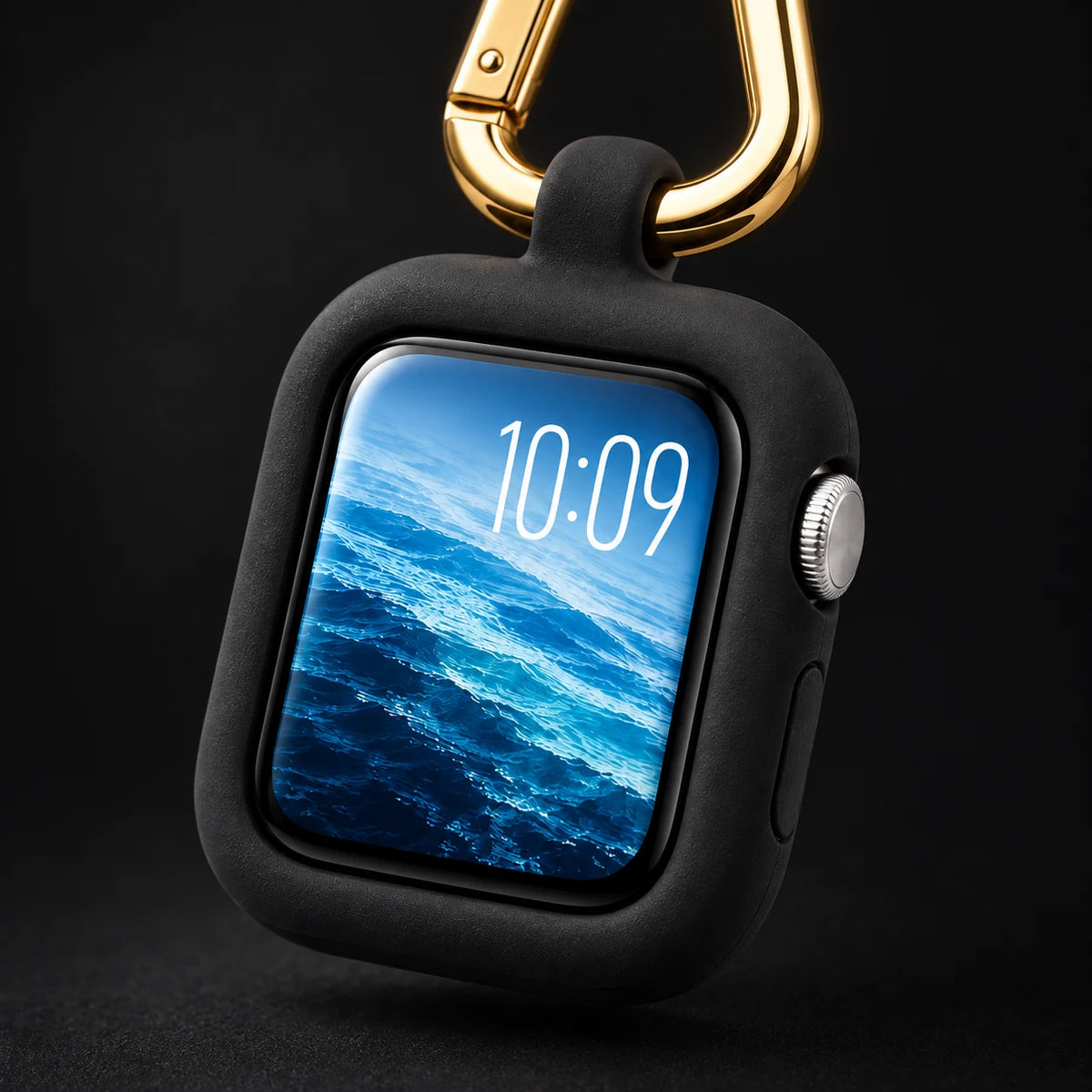 Close-up of ReLoop's black case, exposed display and gold-tone clip.