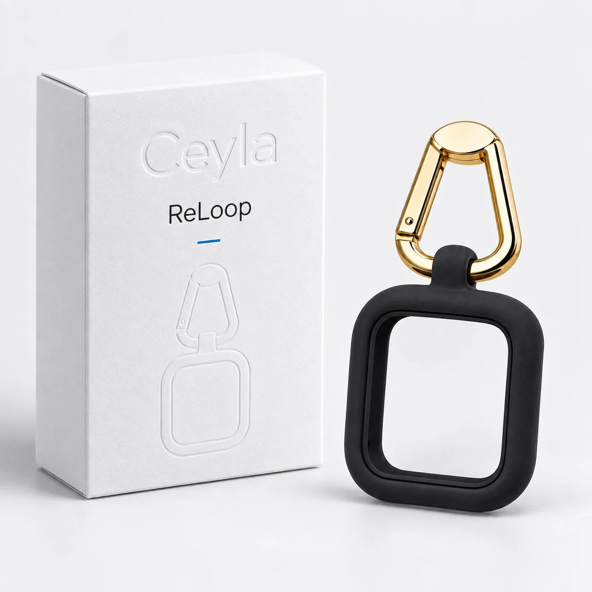 Ceyla ReLoop empty case and gold clip beside a proposed branded packaging design. Packaging concept.