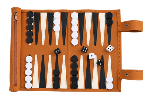 Complete open cognac travel backgammon set with black and white checkers, dice, attached zip pouch and two snap straps. Transparent background.