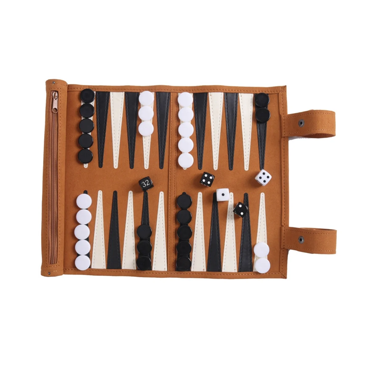 Open cognac roll-up backgammon set with zip storage, black and white checkers, dice and two snap straps