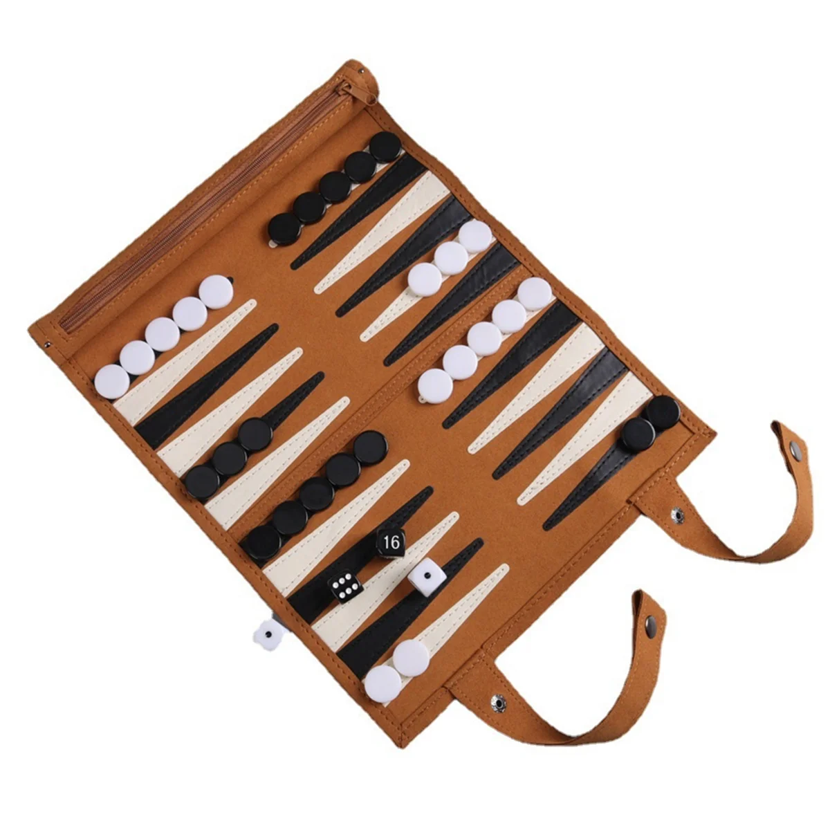 Close view of backgammon board with attached zip storage and snap straps