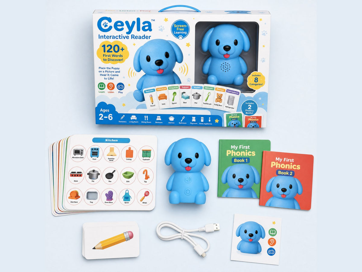 The Ceyla Puppy Reader kit with boards, word cards, phonics books, charging cable and gift box