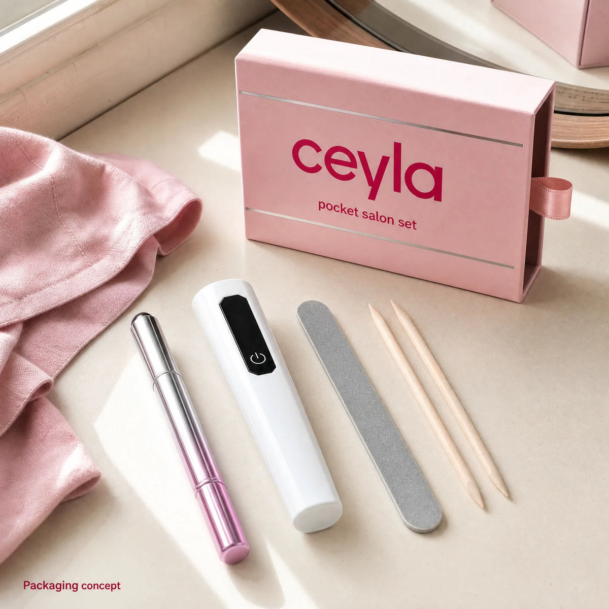 Ceyla blush packaging concept on a vanity with one gel color pen, one handheld UV lamp, one gray nail file and two wooden cuticle sticks.