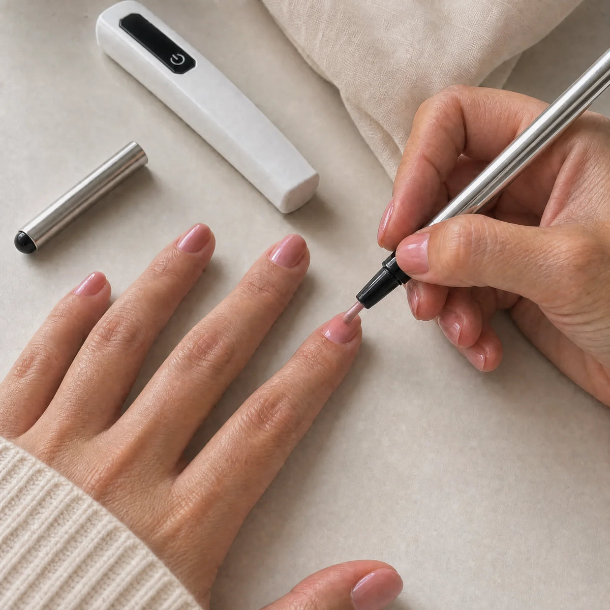 Close-up of a dusty-rose manicure being painted with the silver gel pen, with its cap and mini UV lamp nearby.