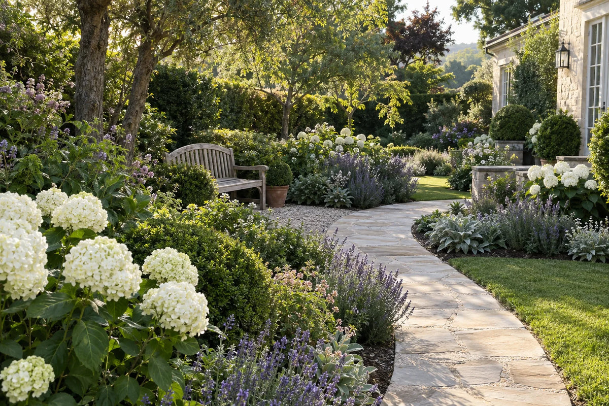 An inviting garden path and flowering borders