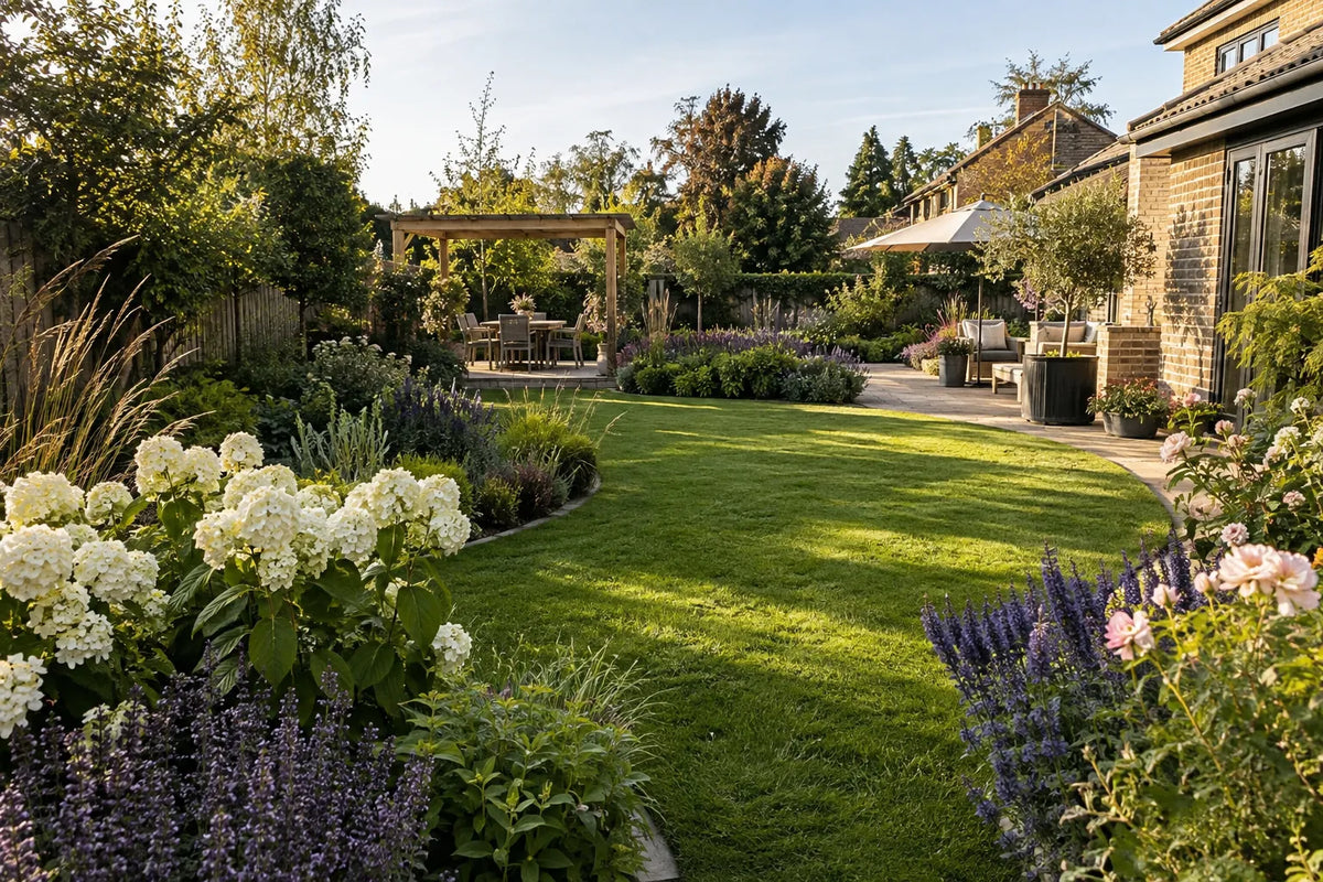 Garden inspiration: a beautiful home garden with curved lawn, layered flowers and a dining pergola