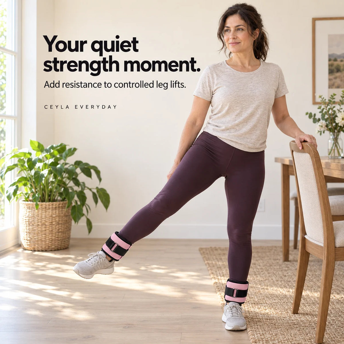 Woman using ankle weights for supported leg lifts