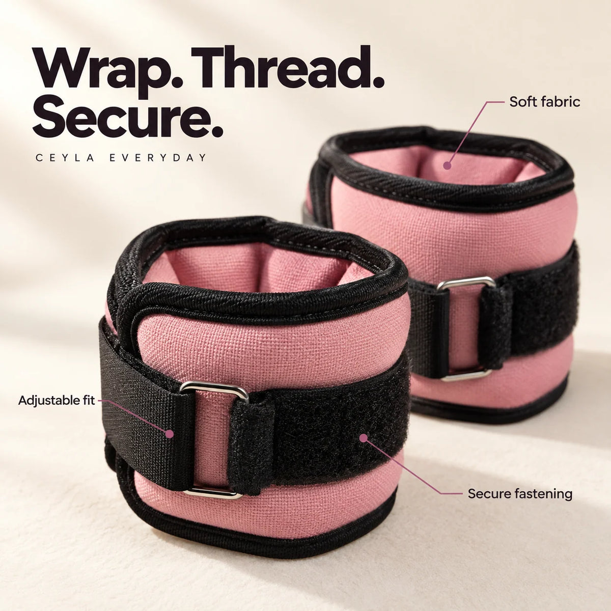 Stitched cuff fabric, fastening strap and metal loop