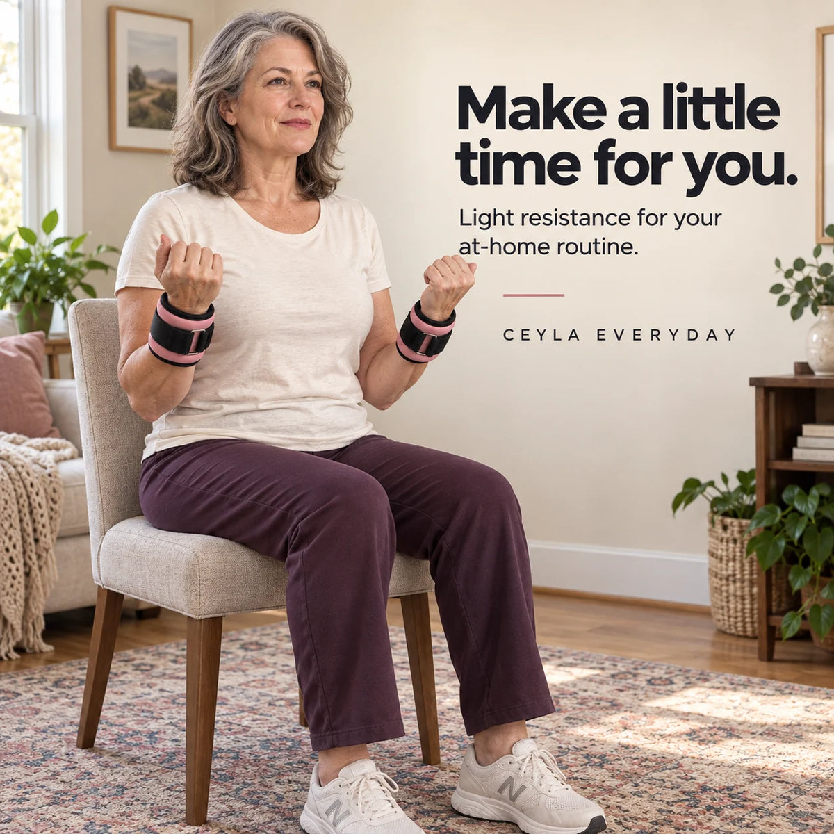 Woman using pink wrist weights for seated curls