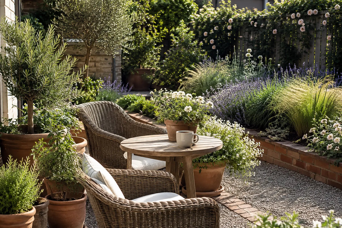 Garden inspiration: a peaceful coffee terrace surrounded by lush potted plants