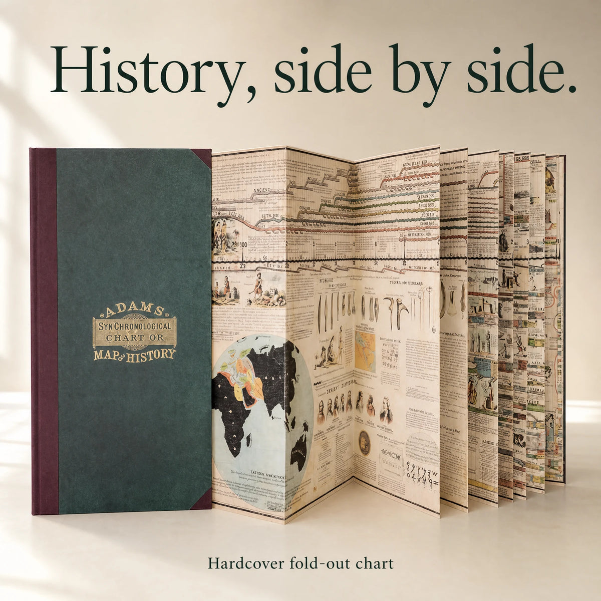 Adams’ hardcover history chart opening into connected accordion panels