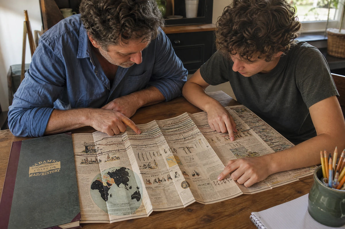 Adult and teenager reading the fold-out history chart together