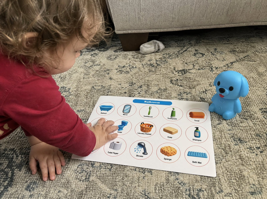 An illustrated room board ready for the Puppy Reader