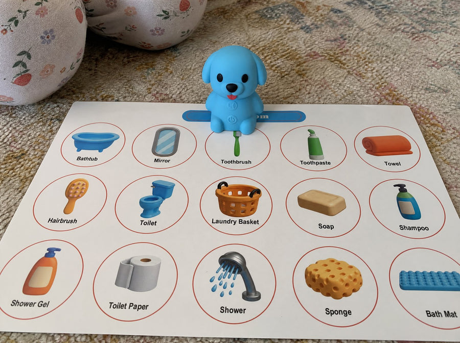 A child exploring the Puppy Reader and its picture board