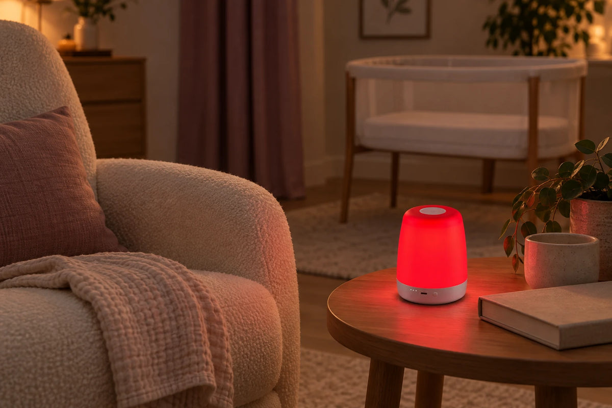 A red lamp on an adult side table, well away from an empty bassinet.