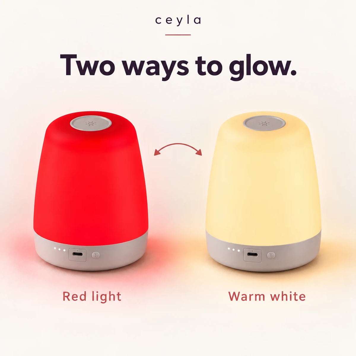 One NightNest lamp shown in its two modes: red light and warm white.