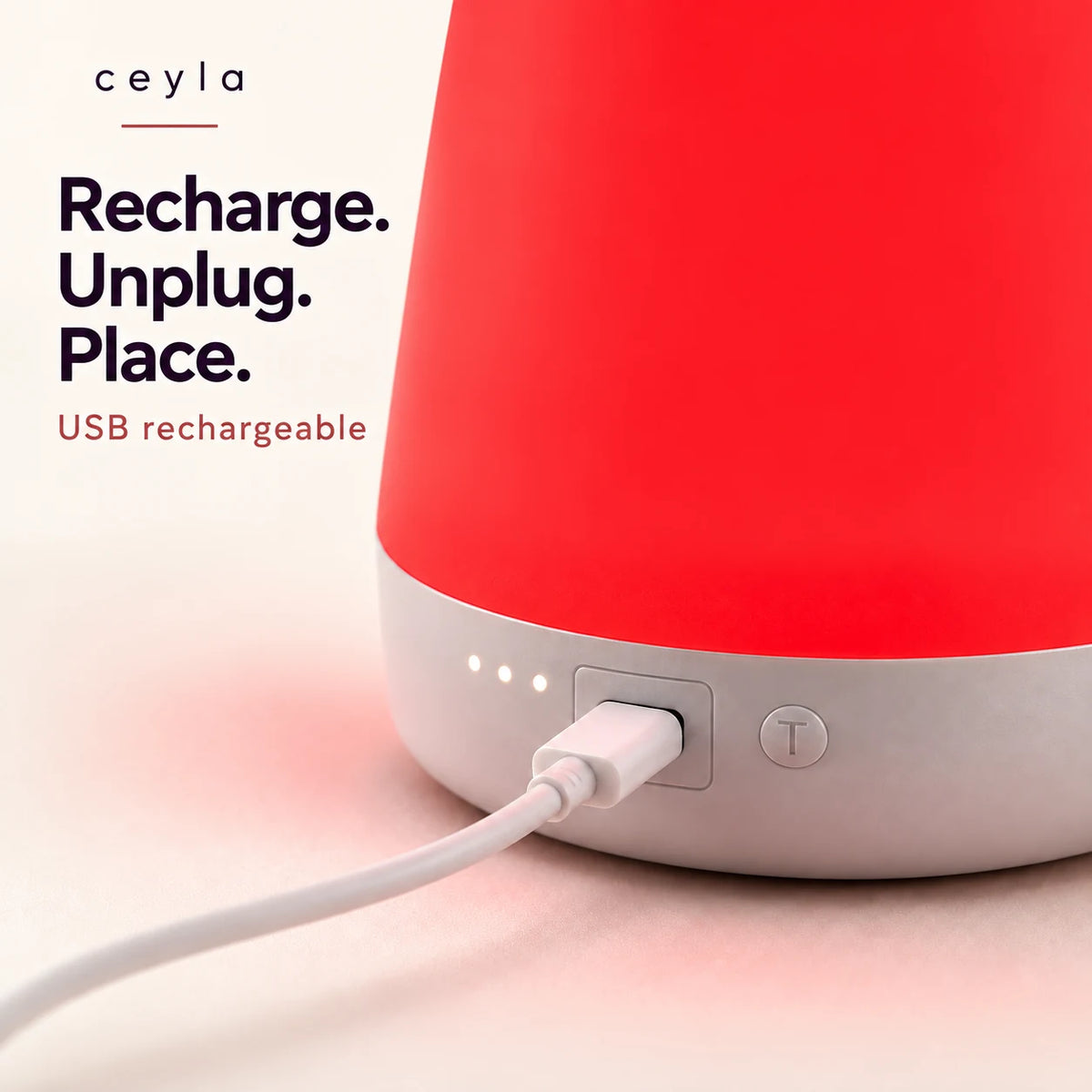 Close-up of the NightNest charging port with a USB cable connected.