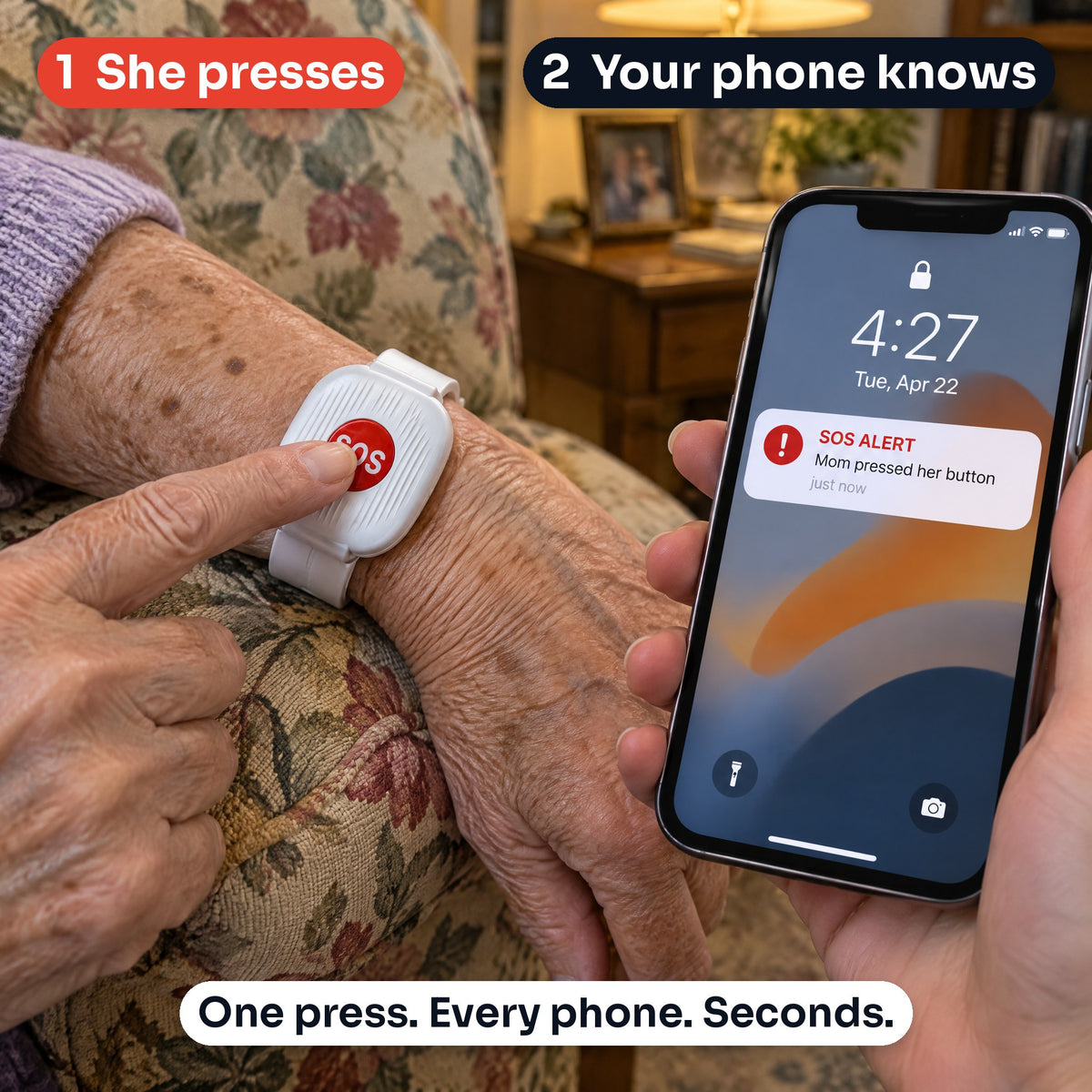 She presses the SOS button on her wrist and your phone shows the alert seconds later