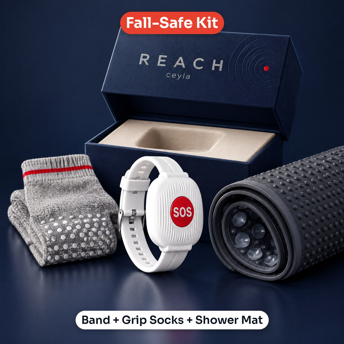 Fall-Safe Kit: band, grip socks and shower mat