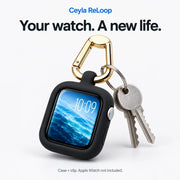Ceyla ReLoop: Your watch. A new life. Black watch case and gold clip demonstrated with Apple Watch and keys; only case and clip included.