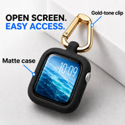 Open screen. Easy access. Close-up labels identify ReLoop’s matte case and gold-tone clip.