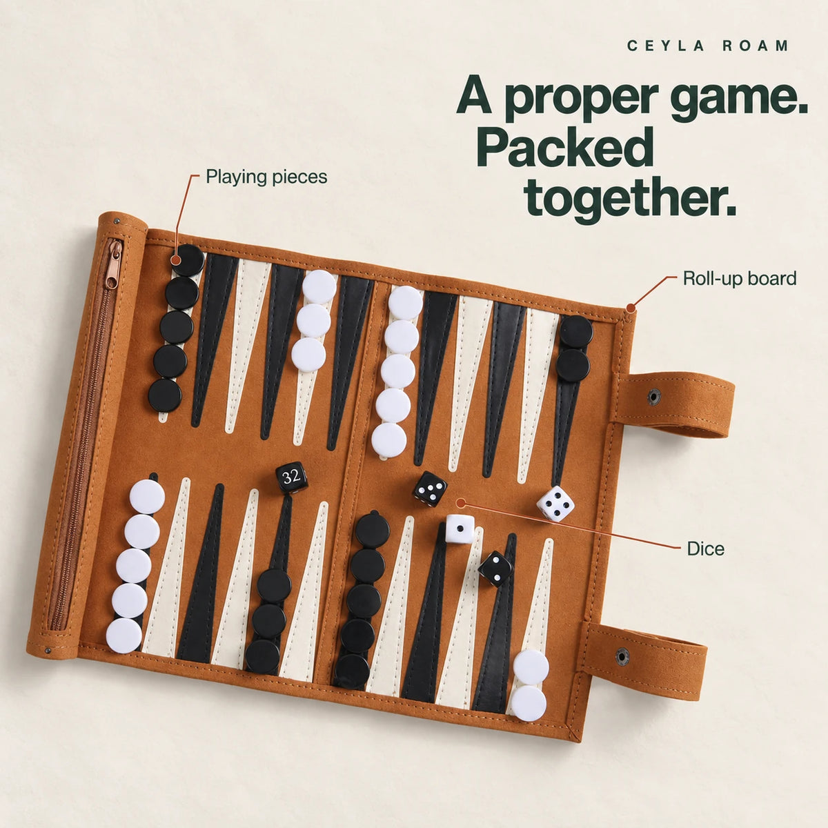 A proper game. Packed together. Labeled roll-up backgammon board, playing pieces and dice.