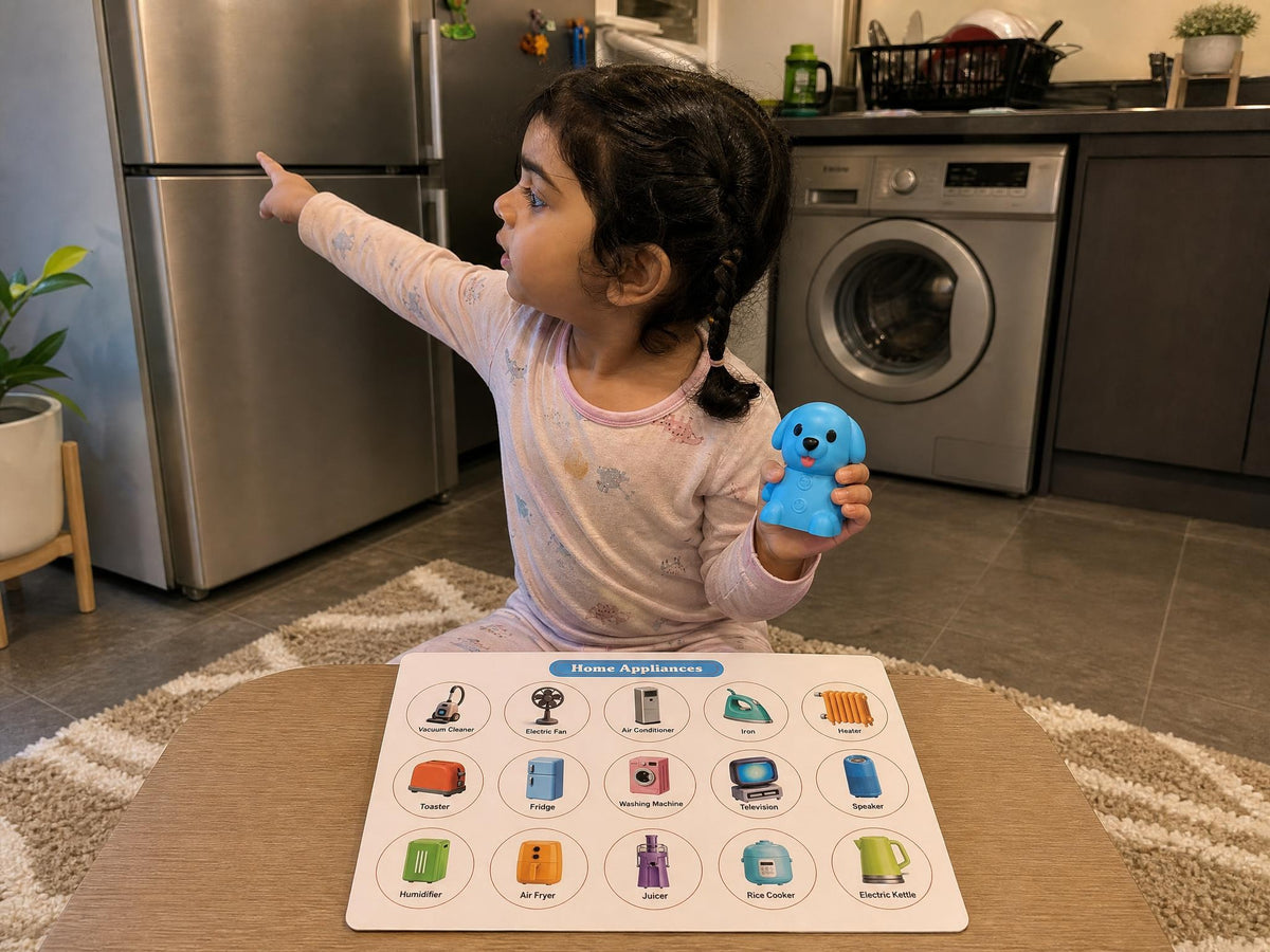 A child exploring the Ceyla Puppy Reader Home Appliances board in a matching home setting