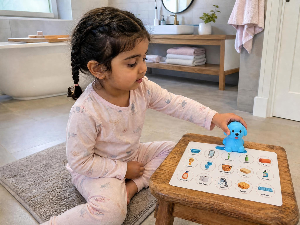A child exploring the Ceyla Puppy Reader Bathroom board in a matching home setting