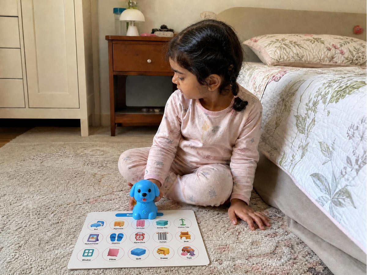 A child exploring the Ceyla Puppy Reader Bedroom board in a matching home setting