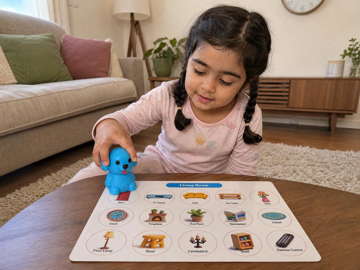 A child exploring the Ceyla Puppy Reader Living room board in a matching home setting
