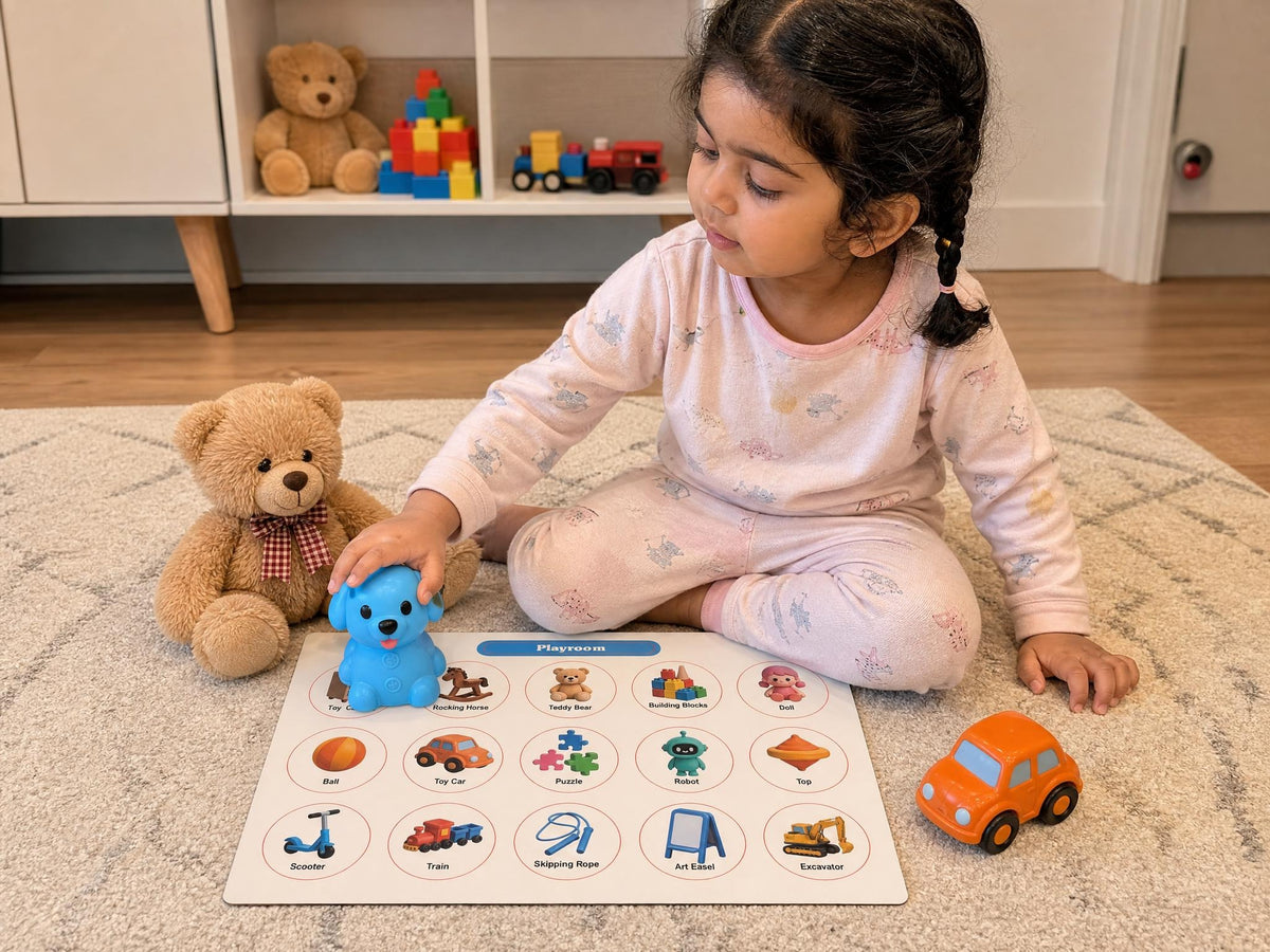 A child exploring the Ceyla Puppy Reader Playroom board in a matching home setting