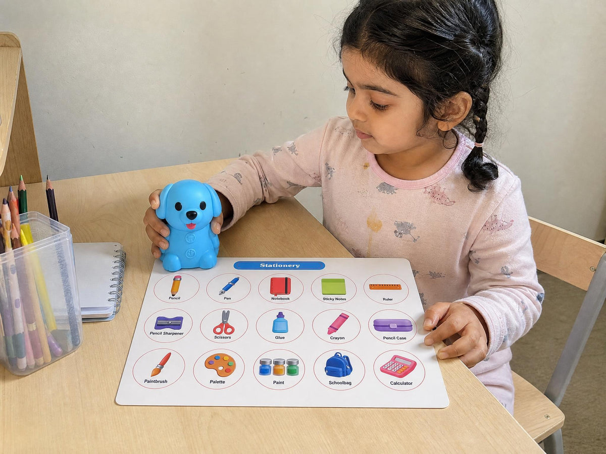 A child exploring the Ceyla Puppy Reader Stationery board in a matching home setting