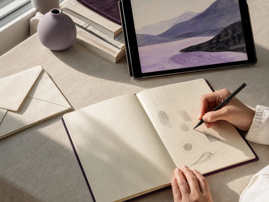 Illustrative practice scene with a notebook, concealed envelope and a landscape on a tablet.