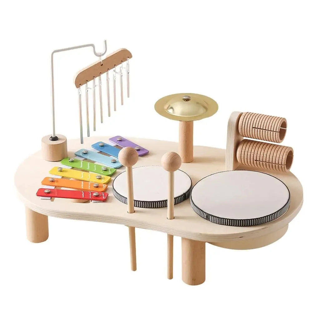 Original product photograph showing the complete wooden music station and both mallets