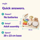 Practical facts: no batteries, adult assembly and a 39 by 23 centimetre base footprint