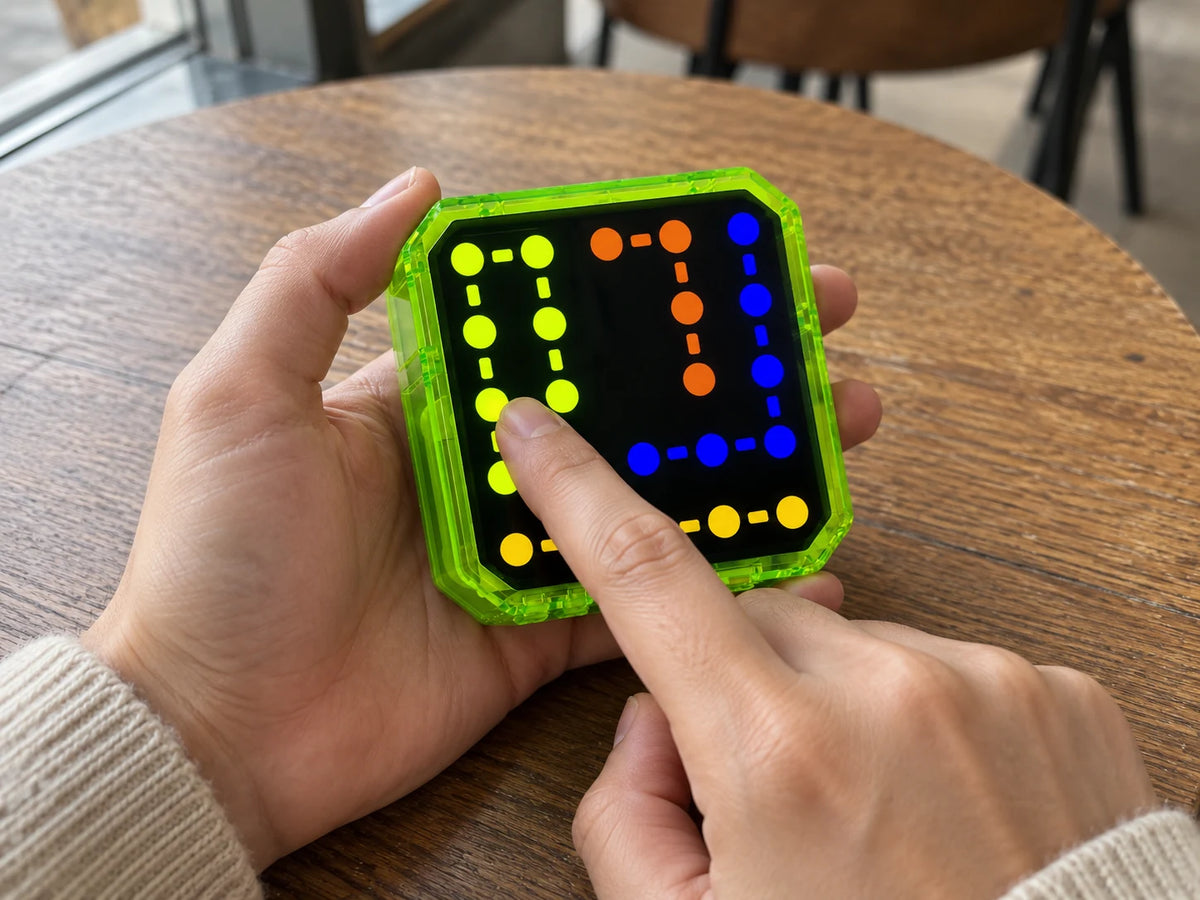 Adult hands tracing a route on the lime LinkUp handheld puzzle