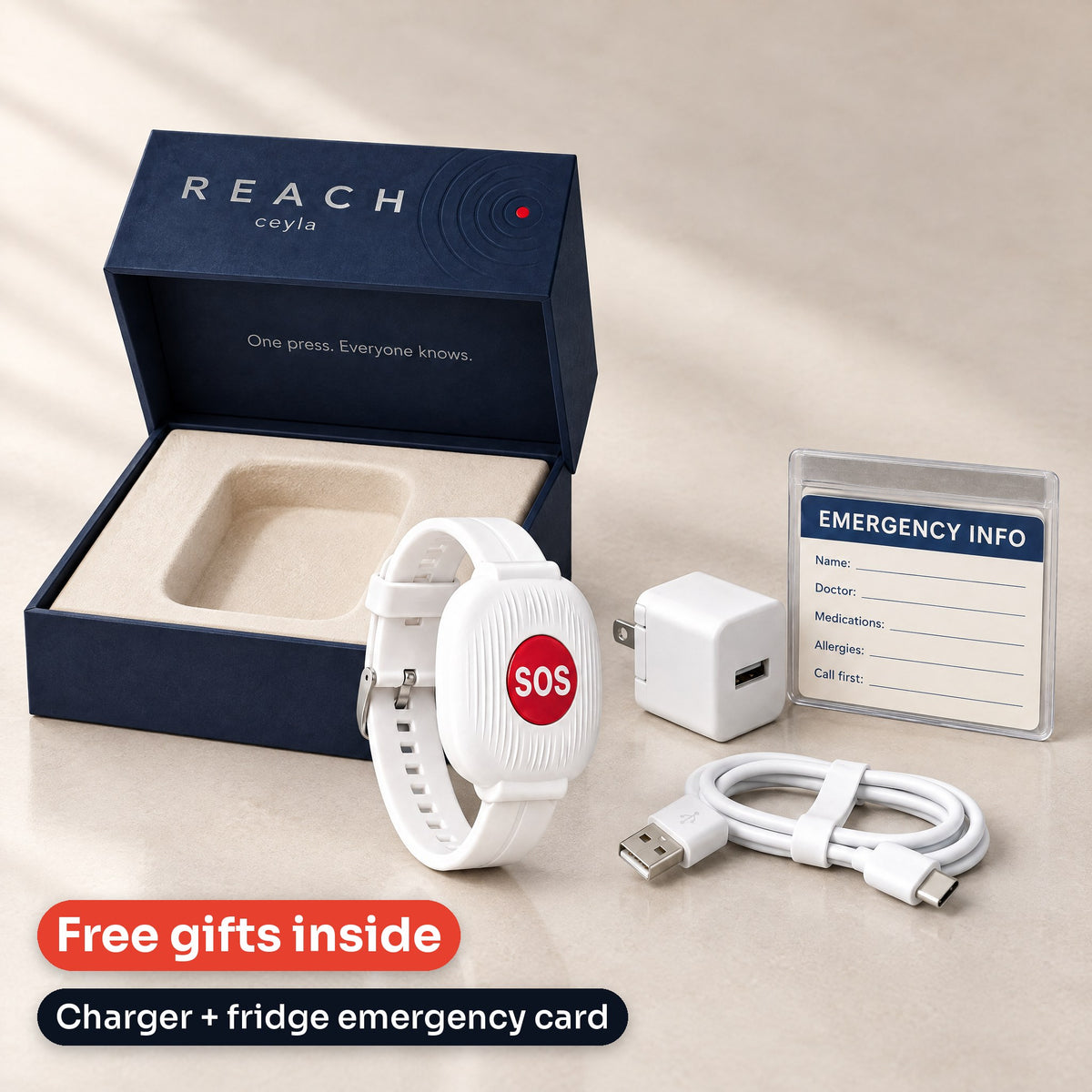 Ceyla Reach SOS Band with its navy gift box and the free wall charger and fridge emergency card