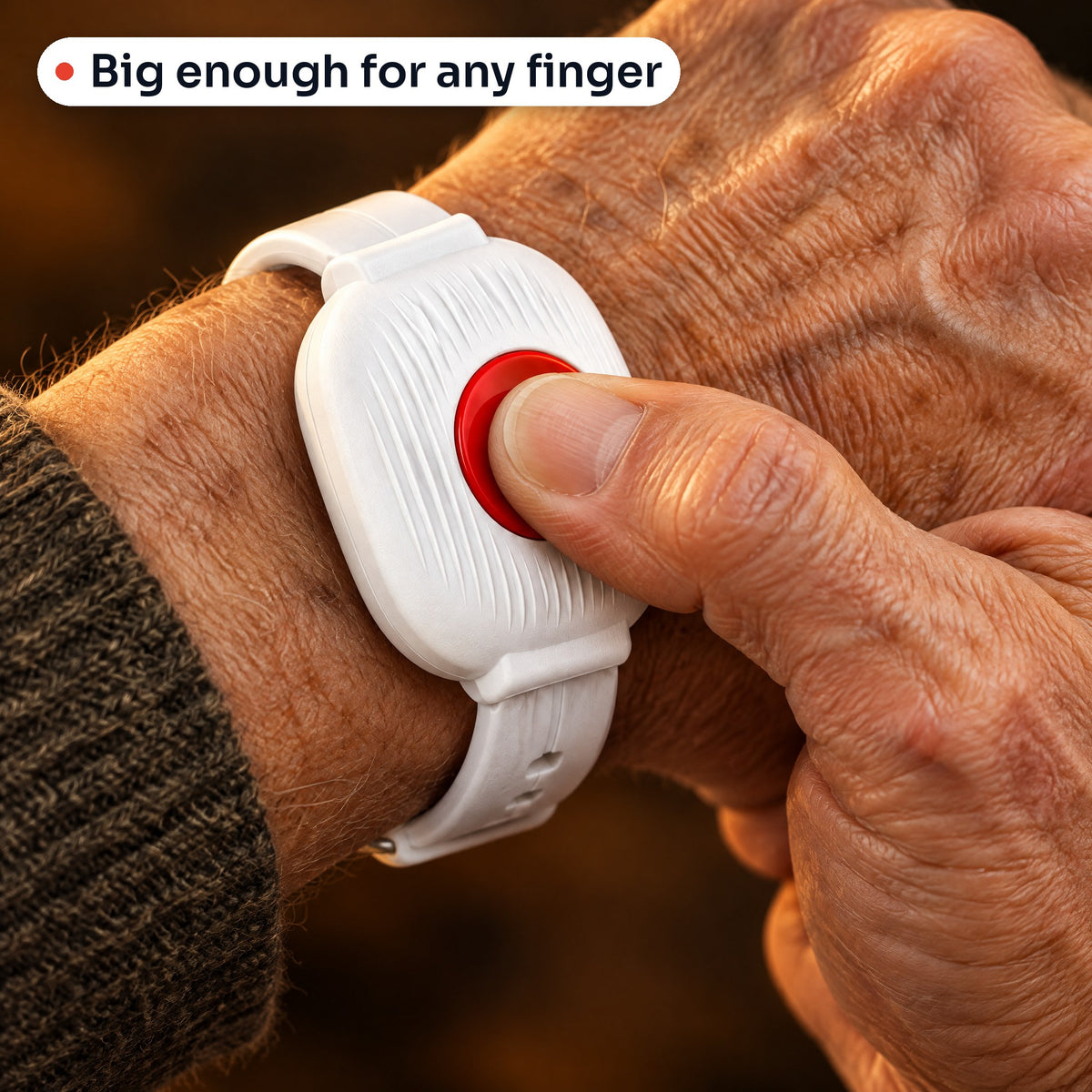 Big SOS button pressed with a thumb