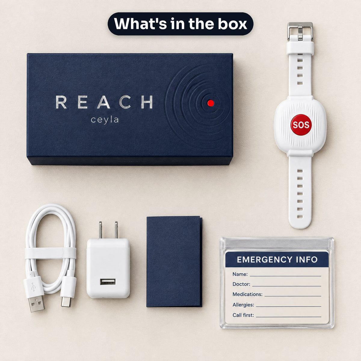 What's in the box: band, gift box, cable, guide, wall charger and fridge emergency card